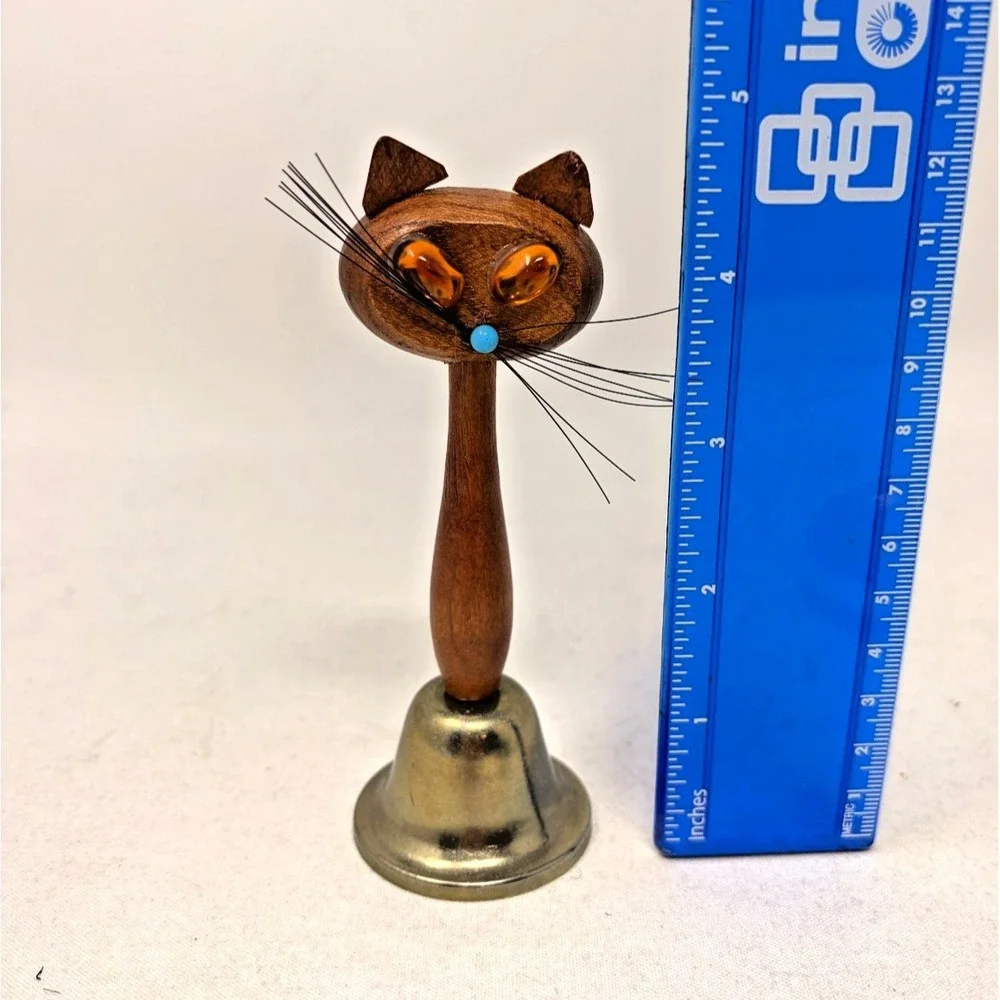 MCM Made in Japan Wooden Groovy Cat Bell Amber Eyes Mid Century Desk Decor 5